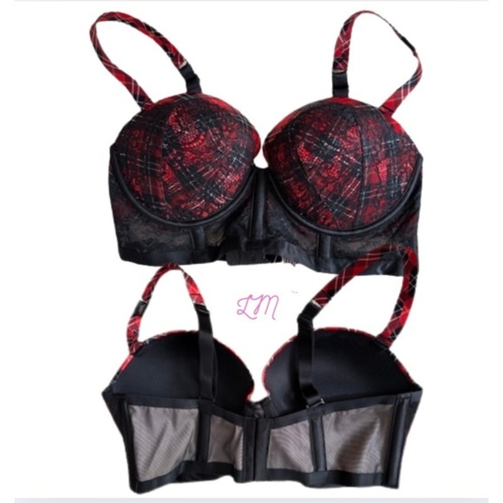 Victoria's Secret Red and Black Plaid Lace Padded Push-Up Bra